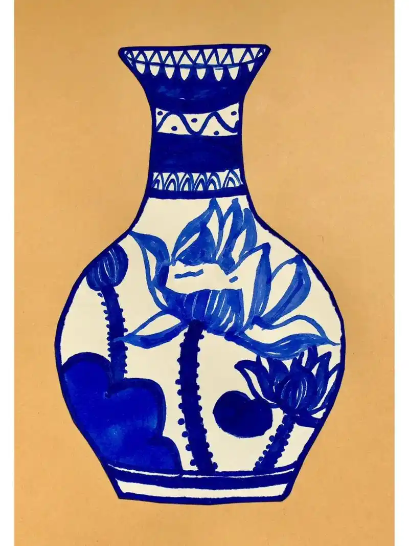 青花瓷创意儿童画花瓶,小学生作品  小学三年级,四年级的绘画作品