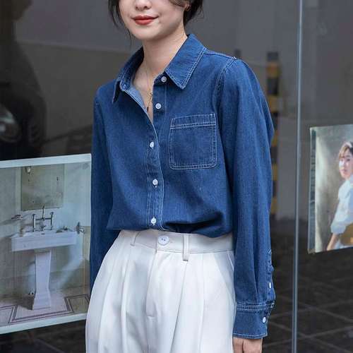 深蓝色复古正肩牛仔衬衫女内搭叠穿软秋冬2023新款女装小个子上衣
