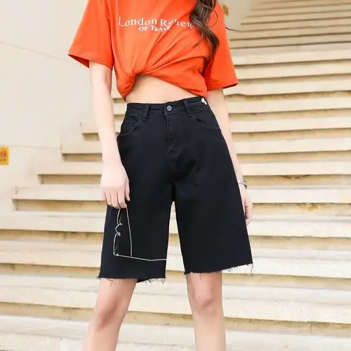 黑色牛仔五分裤女夏2020新款港味高腰短裤宽松网红骑行裤显瘦中裤￥45