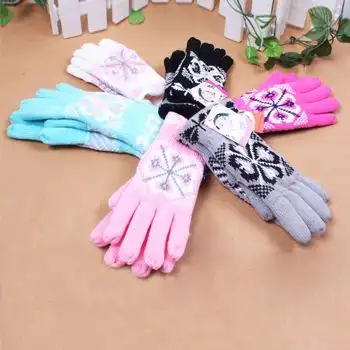 冬季可爱毛线编织双层提花防寒保暖双层长指手套批发 义乌