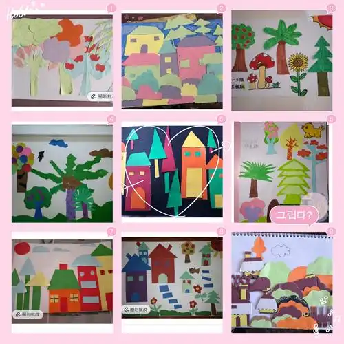 《剪贴小村庄》剪出不同形状,不同颜色,不同大小的树木房屋,感受画面