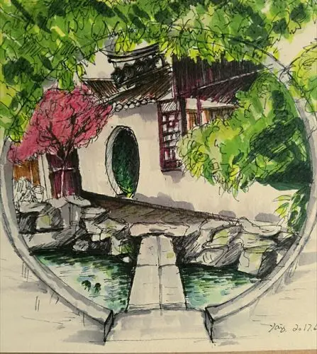 马克笔风景苏州园林