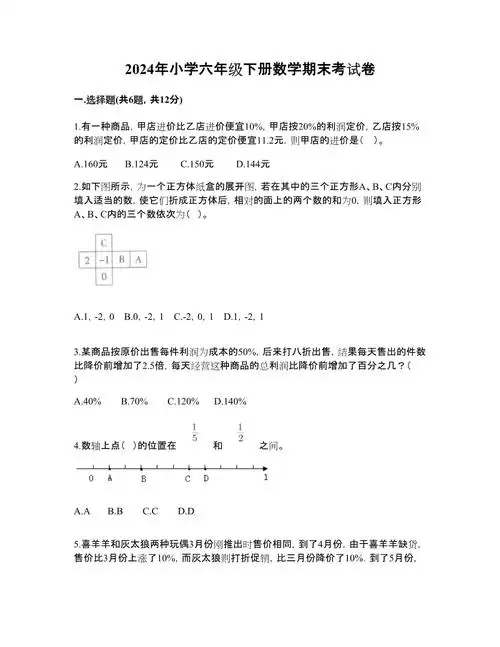 2024年小学六年级下册数学期末考试卷含答案【黄金题型】
