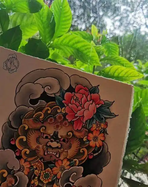 19年作品大臂唐狮纹身图片手臂新传统唐狮牡丹纹身图案