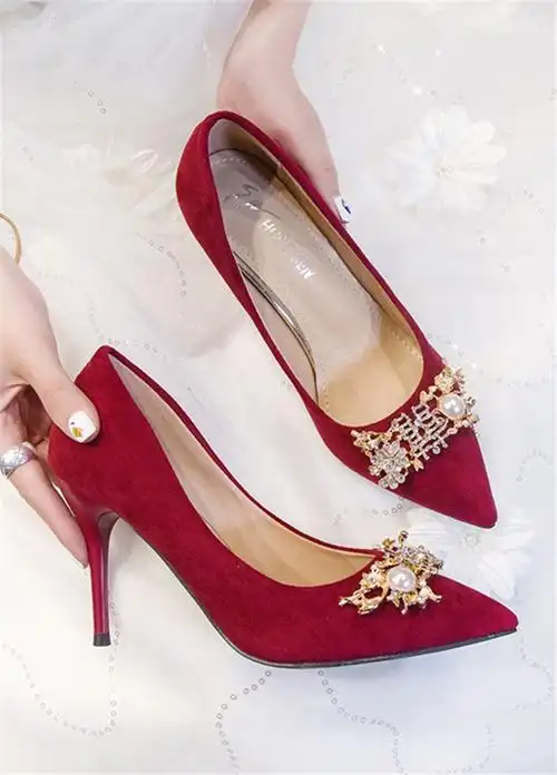 秀禾服婚鞋女2020新款超高跟结婚新娘鞋子红色绒面高跟单鞋