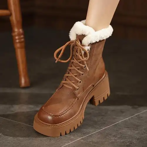 大棉雪地靴女真皮厚底羊羔毛保暖短靴女粗跟松糕底棕色系带马丁靴