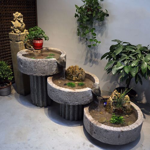 石头花盆水缸水景户外庭院室内景观装饰流水摆件 石磨盆瓦片流水组合3