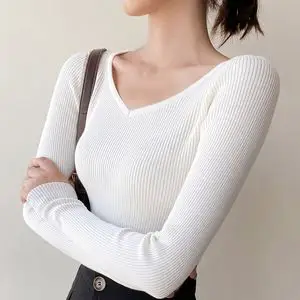 v领针织衫女秋冬内搭套头白色鸡心领毛衣长袖修身低领坑条打底衫
