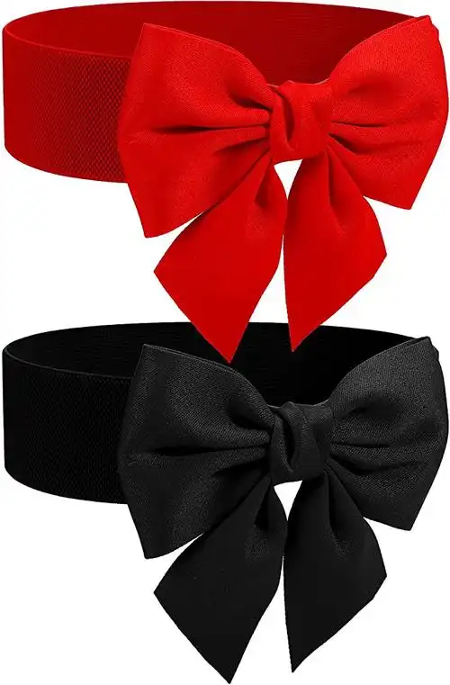 2 件女式蝴蝶结复古腰带蝴蝶结宽弹性松紧腰带红色黑色蝴蝶结结休闲