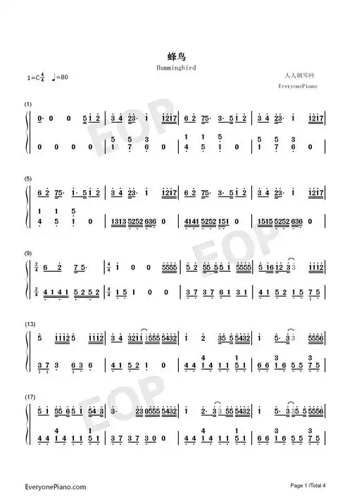 蜂鸟-我在北京等你主题曲双手简谱预览1