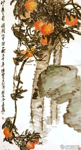 吴昌硕《桃实图》-吴昌硕72岁所绘桃树果实写意花鸟画高清大图赏析