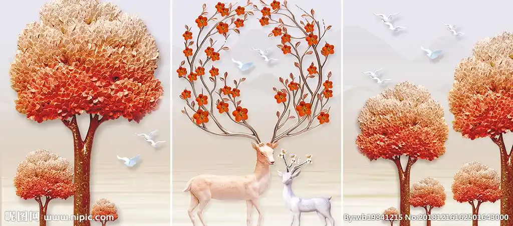 浮雕麋鹿红树发财鹿无框画三联画图片