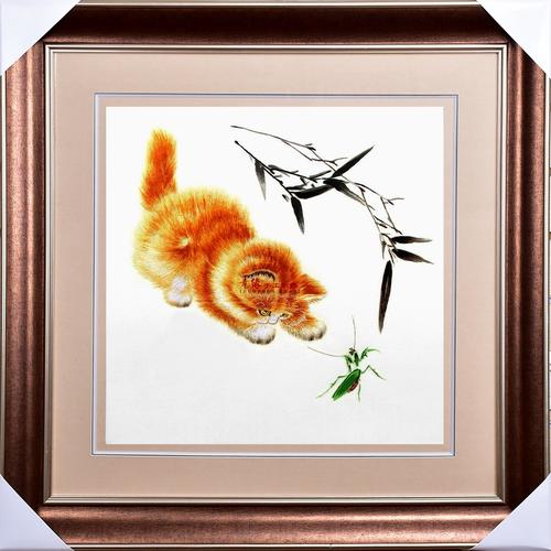 苏绣刺绣纯手工成品 客厅挂画 卧室书房玄关画 猫戏螳螂 竹子