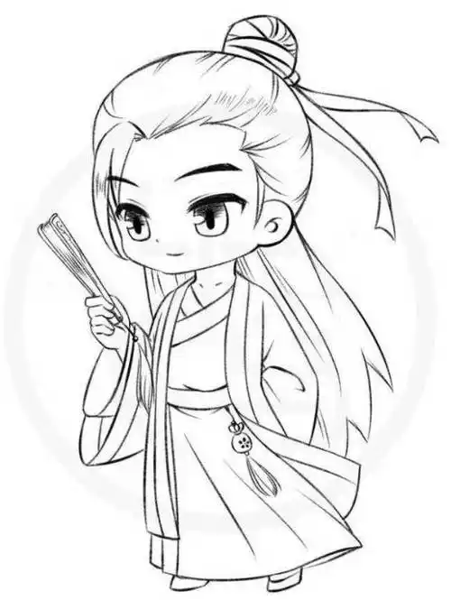 黑白线稿素材:q版古风人物线稿