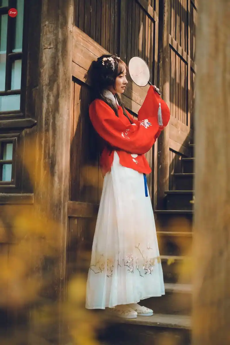 古风少女,轻抚圆扇