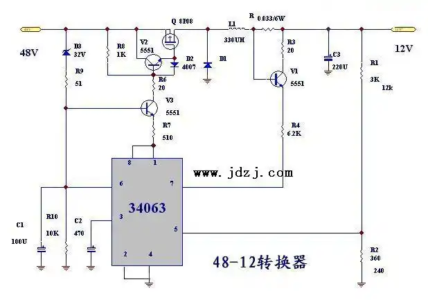48v输入12v输出的直流降压电路图