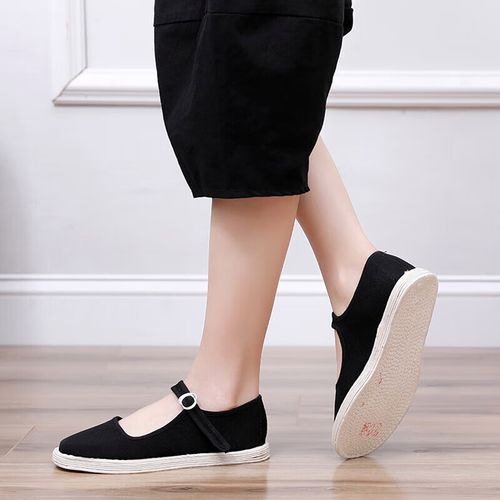 乔箐老北京布鞋女上班鞋方口鞋女平底黑色千层底线纳布底手工礼仪鞋透