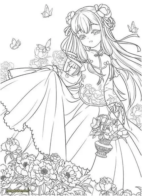 拿着花篮的中国公主填色涂色大全-红豆饭小学生简笔画大全