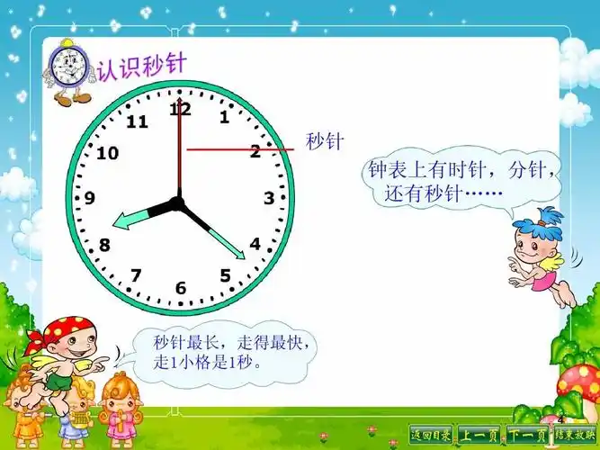 秒针 钟表上有时针,分针, 还有秒针   秒针最长,走得最快, 走1小格是