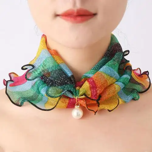 韩版珍珠网纱套头小围脖女脖套护颈丝巾春秋薄款时尚百搭装饰纱巾