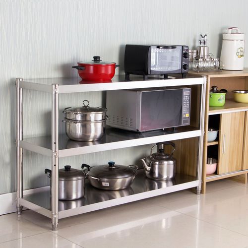 不锈钢3层厨房置物架锅碗架落地烤箱家用厨房置物架