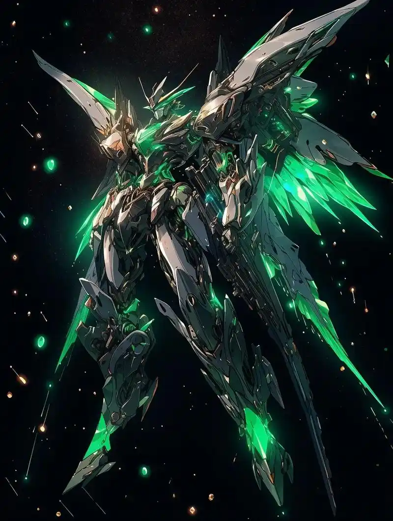 ai设计末日机甲 关键词:一个带有翅膀和背景中的星星的机器人特写