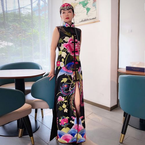 天韵原创改良京派旗袍重工刺绣黑色无袖高开衩长裙子醋酸面料袍子