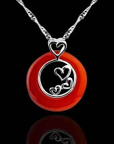 红色s925银红玛瑙心相连吊坠