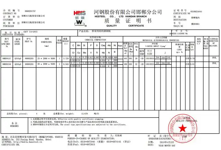 桥梁板q345qd原厂材质单,邯钢桥梁板定扎找邯郸万航