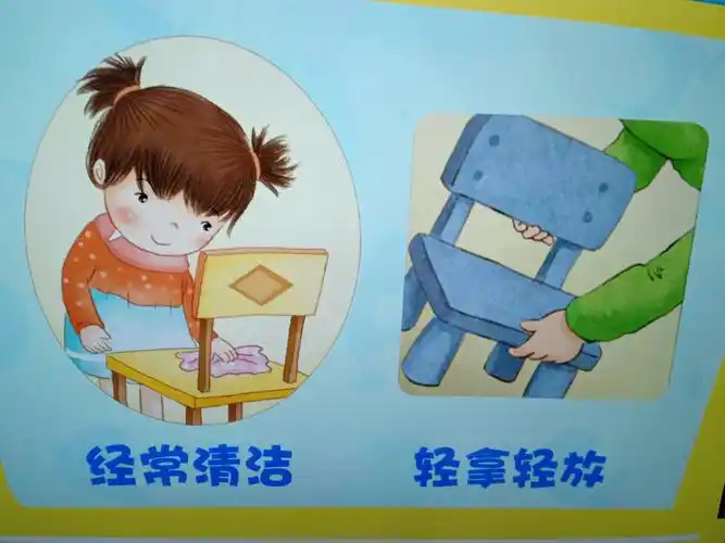 出示挂图,引导幼儿学习用双手搬椅子及将椅子归位的方法.