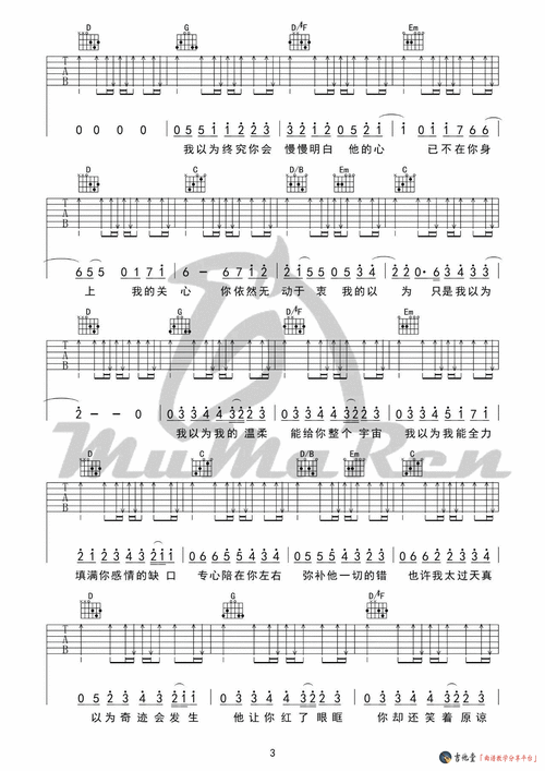 赏相关吉他谱歌曲名编配歌手《我以为》_品冠_高清g调伴奏最新吉他谱