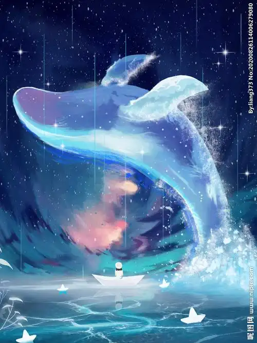 唯美梦幻治愈鲸鱼插画图片