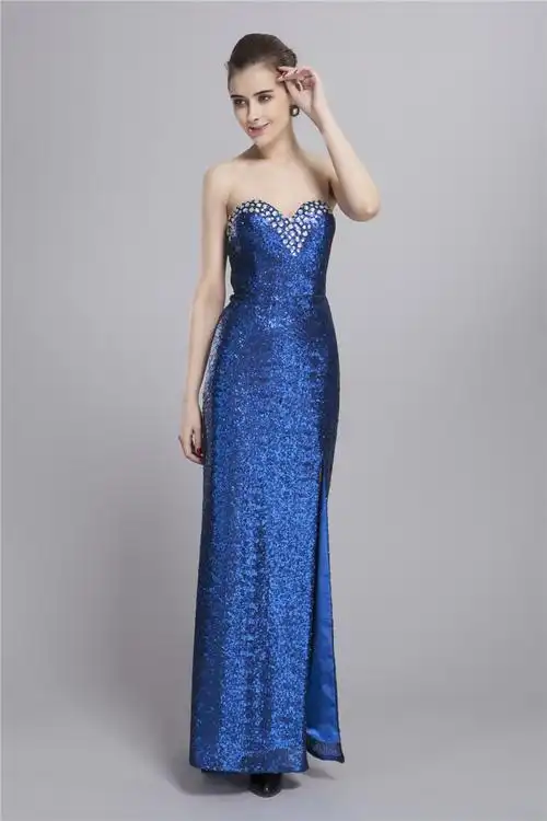 ck1382014早春抹胸亮片手工钉钻开叉晚礼服酒会舞会性感长裙