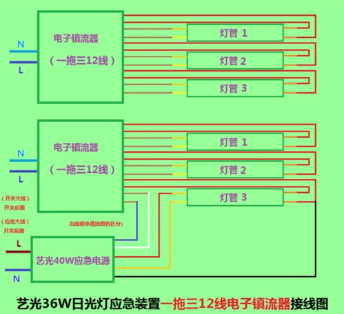 消防应急照明镇流器灯管通电三根灯管全亮,停电一根灯管灯的接线图