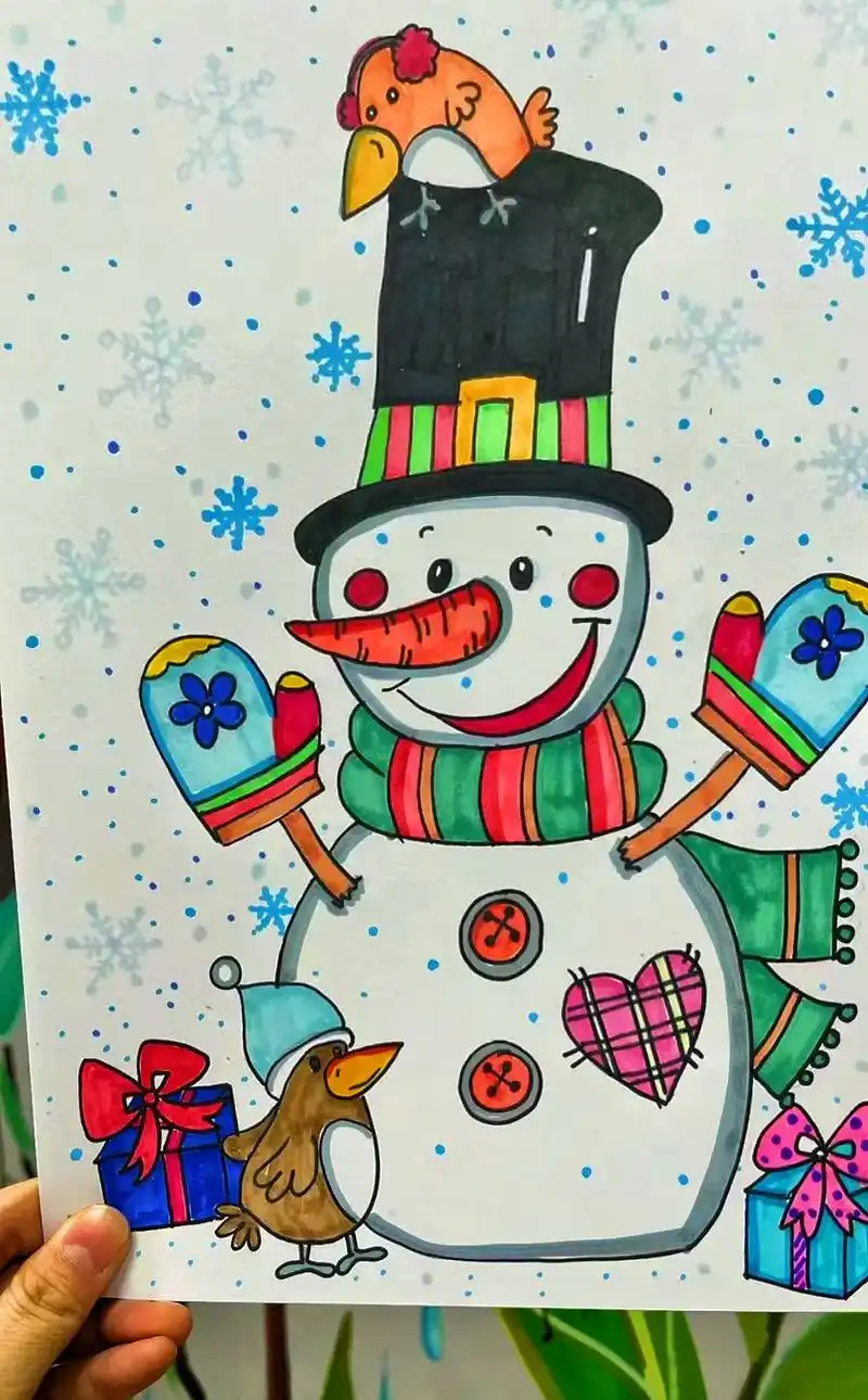 创作灵感 雪人主题儿童画 线条组合简单  - 抖音