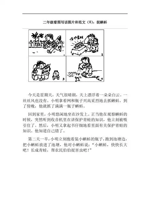 二年级看图写话图片和范文(8):捉蝌蚪 今天是星期天,天气很晴朗,天上