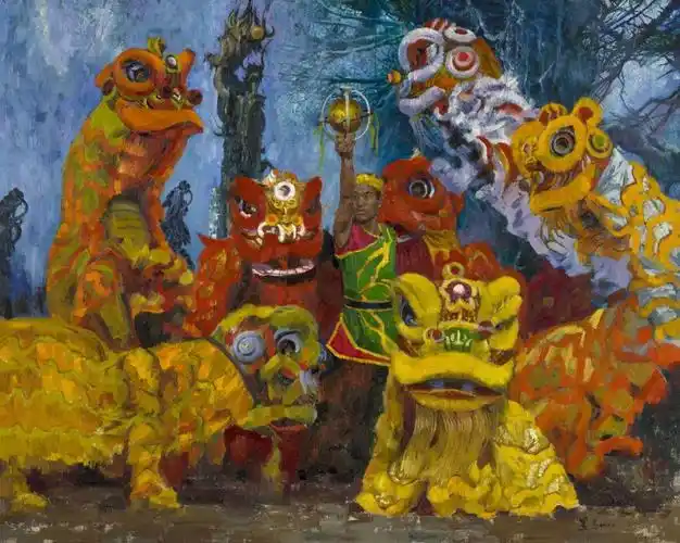 《龙岗舞狮》/孙继宗/ 150cm×120cm / 布面油画 / 2012年《龙城广场