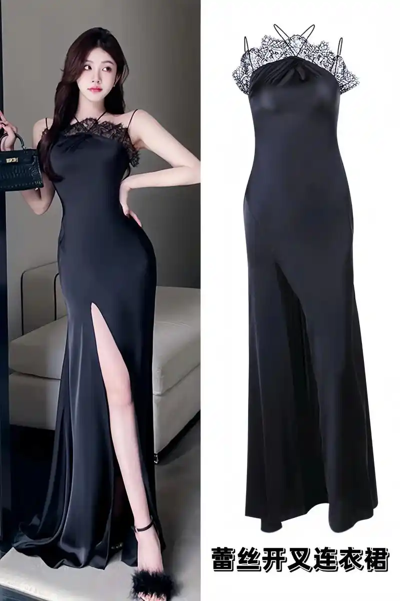 鎏金派对高级感晚礼服裙,黑色性感蕾丝开叉连衣裙,展现女生日的 - 抖