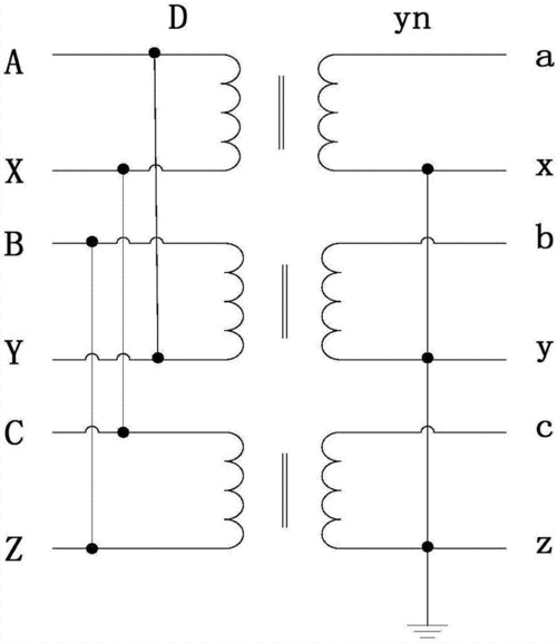 附图说明图1为原边为三角形接线的三相组式变压器连接组示意图.