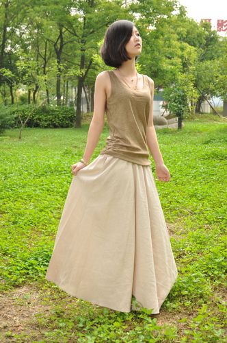 春季原创百搭女装半裙 民族风文艺长裙 棉麻半身裙米色亚麻荷叶裙