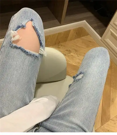 薄款破洞牛仔裤女2021夏季新款高腰显瘦紧身弹力铅笔九分小脚裤子