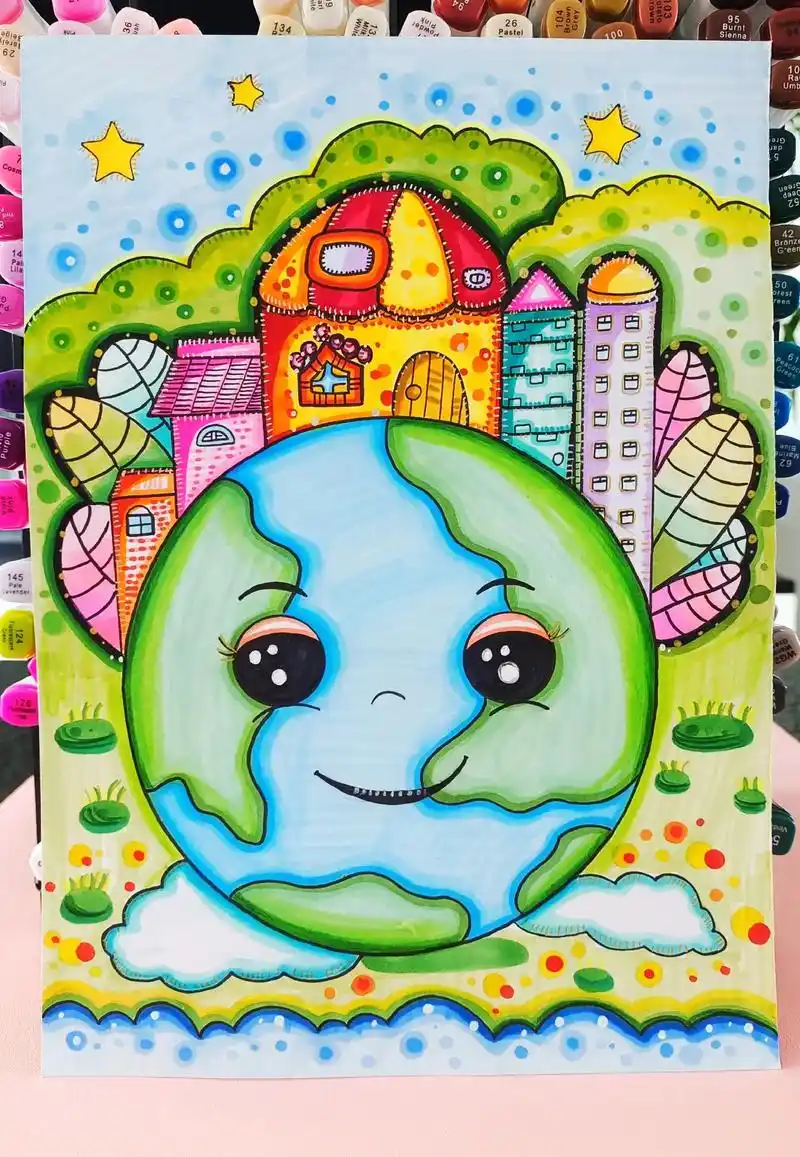 世界地球日儿童画 #保护环境 #爱护地球儿童画 #画画#创意儿童画#抖