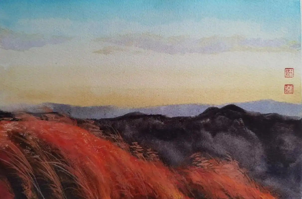 陈尧《日出东山》(水彩)28x38cm陈尧《云山》(水彩)2 - 抖音