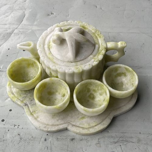 蓝田玉石茶具水壶酒杯一套手工竹子玉雕功夫茶具玉酒杯玉水壶茶碗