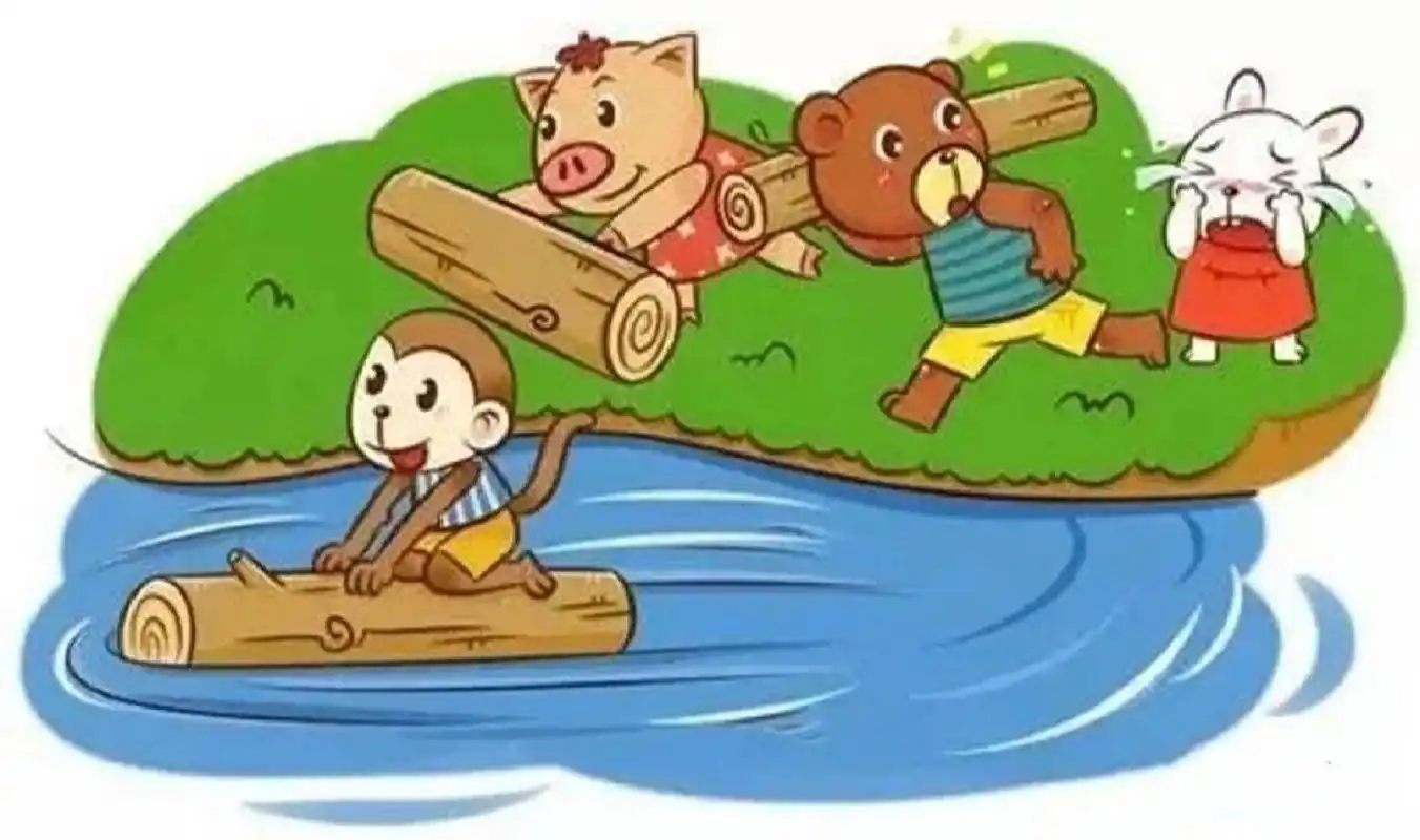 看图写话 动物们过河 一天,风和日丽,小熊,小猪,小猴和小兔子想要去河