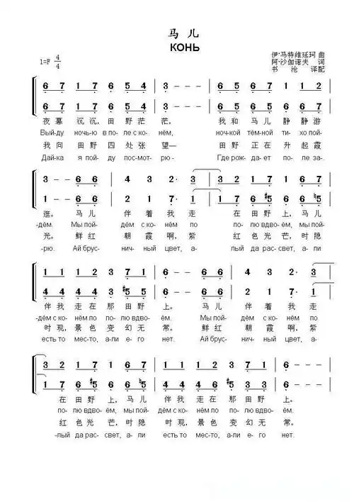 马儿Конь(中俄简谱)简谱歌词
