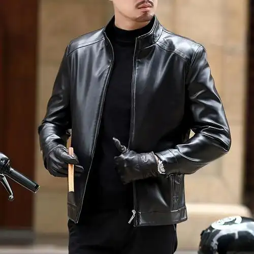 海宁真皮皮衣男加绒加厚秋冬新款阿玛施男士爸爸装绵羊皮夹克外套