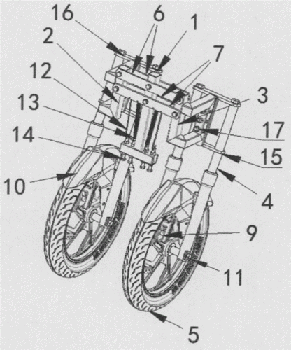 本发明涉及倒三轮技术领域,尤其涉及一种车身前叉减震可左右摇摆倾角