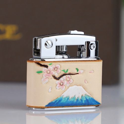 王子(prince)正版复古煤油打火机皮雕手绘樱花富士山生日送男朋友情人