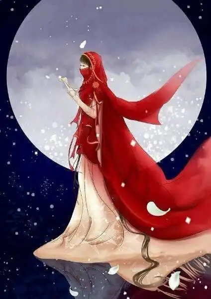 求动漫古典女子一身红衣,脸带红色面纱的图片